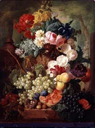 Rosas, un iris y una amapola