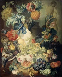 Bodegón con flores, frutas y pájaros