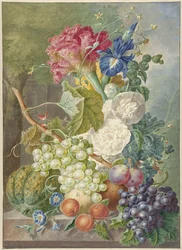 Bodegón con flores y frutas