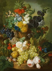 Naturaleza muerta de flores y frutas