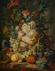 Naturaleza muerta con frutas y flores