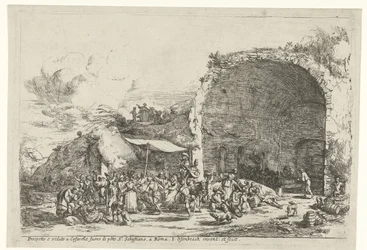 Fiestas en las ruinas de la cueva de la ninfa Egeria Prospetto e veduto a Cafarelle fuoro di porte S. Sebastiano, a Roma (título sobre objeto)
