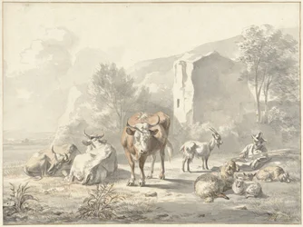 Paisaje con ganado y ruina