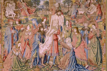 Tapices flamencos. Serie La pasión de Cristo: Descenso de la cruz (Kruisafneming, Descendimiento de la cruz). Fabricación Pieter van Aelst. Dibujante Jan van Roome. Hacia 1507-1520. Detalle.