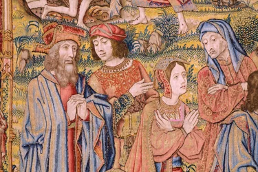Tapices flamencos. Serie La pasión de Cristo: Descenso de la cruz (Kruisafneming, Descendimiento de la cruz). Fabricación Pieter van Aelst. Dibujante Jan van Roome. Hacia 1507-1520. Detalle.