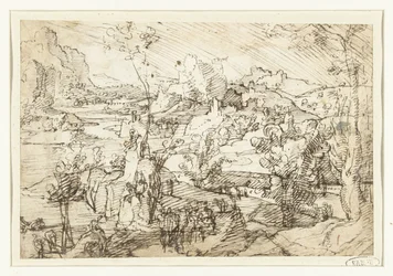 Paisaje con rocas, figuras y un barco de vela