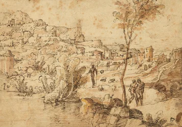 Paisaje con pastores junto a un río y una ciudad más allá (anverso); Estudios de figuras y ruinas romanas (reverso)