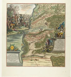 Escoria bij Höchstädt, 1704 Plan de la Gloriosa Batalla Dado el 13 de Agosto Cerca de Hochstett en el Danubio (...) (título sobre el objeto)