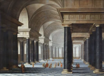 El interior de una iglesia con columnas de mármol negro y figuras con vestimenta antigua
