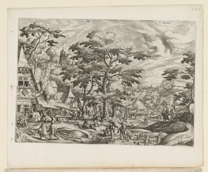 Paisaje con escena de pueblo