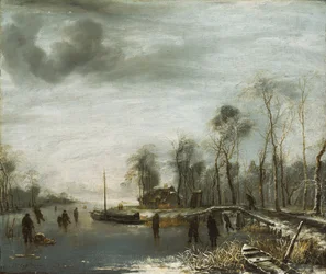 Un paisaje invernal con patinadores y jugadores de colf en un canal congelado, 1653
