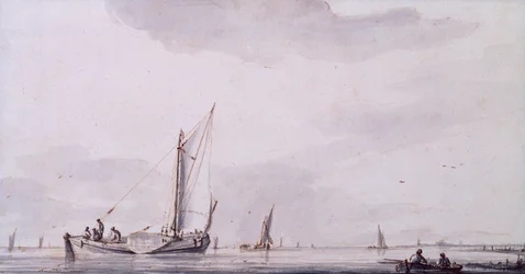 Pescadores y veleros en un estuario en calma (pluma, tinta y aguada)