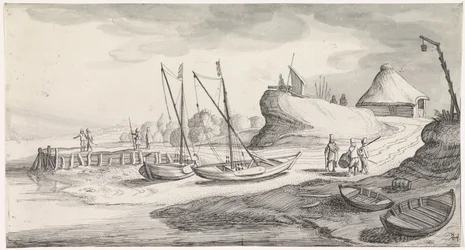 Barcos en la orilla del río Playsante paisajes y caras divertidas (título de la serie)