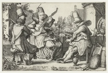 Elegante compañía, haciendo música en un jardín