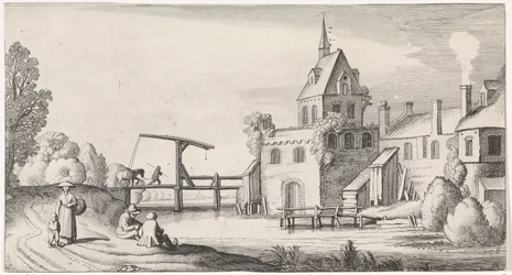 Figuras en un puente levadizo para un pueblo con una torre de iglesia Playsante paisajes y caras divertidas (título de la serie)