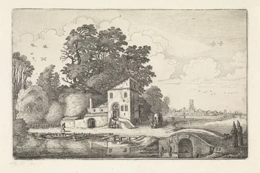 Casa junto a un puente de piedra en un paisaje fluvial Paisajes (título de la serie) Amenissimae aliquot requculae (título de la serie)