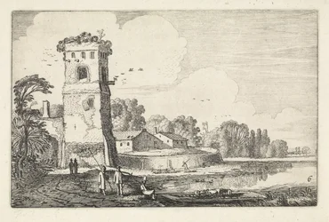 Pont con ovejas en una torre en un paisaje de río Paisajes (título de la serie) Amenissimae aliquot requculae (título de la serie)