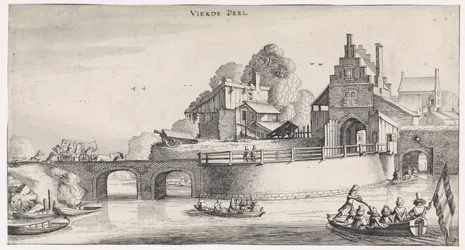 Puerta de la ciudad con puente sobre el agua Playsante paisajes y caras divertidas (título de la serie)