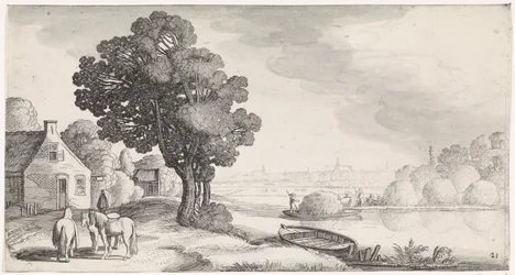 Transporte de heno en un río con Haarlem en la distancia Playsante paisajes y caras divertidas (título de la serie)