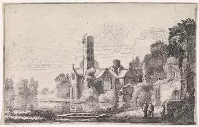 Dos monjes en una abadía en un paisaje fluvial Paisajes fluviales (título de la serie)