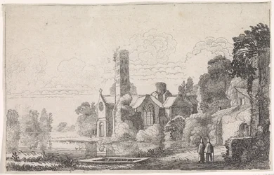 Dos monjes en una abadía en un paisaje fluvial Paisajes fluviales (título de la serie)