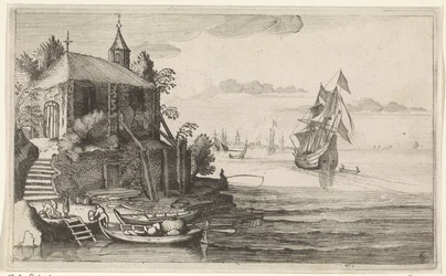 Dos maestros en una costa con capilla Paisajes marinos (título de la serie)