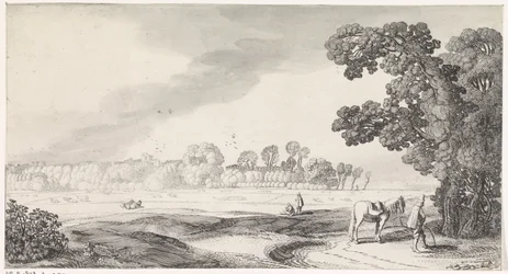 Pasto landschap met plassende man Playsante lantschappen end vermakelycke views (título de la serie)
