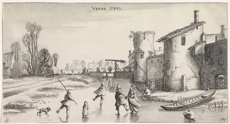 Paisaje invernal con patinadores junto a una muralla de la ciudad. Paisajes agradables y vistas divertidas (título de la serie)