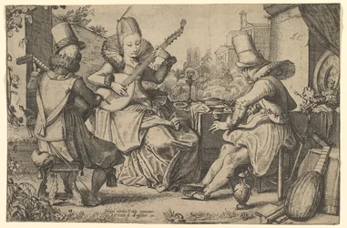 Dos hombres elegantemente vestidos y una mujer en un jardín, 1613-41