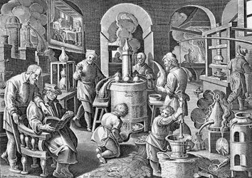 Distillatio: En el fuego, el jugo de todos los cuerpos, por arte, se convierte en agua, clara y potente. Grabado del siglo XVI por Jan van der Straet, sobre las diferentes etapas de la destilación.