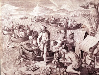 Pesca de ostras. Siglo XVII. Grabado por Giovanni Stradano (Jan Van Der Straet) (Johannes Stradanus) (1523-1605)