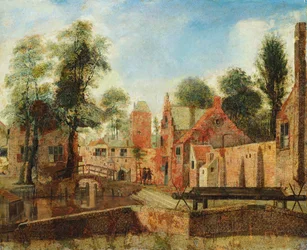 Vista de una ciudad holandesa, supuestamente la Sala de los Pañeros, Delft (óleo sobre lienzo)
