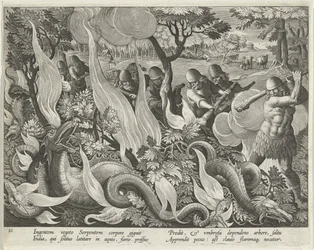 Cazando Serpientes en India Usando Garrotes y Antorchas para Iluminar la Maleza, lámina 44 de Venationes Ferarum, Avium, Piscium (De la Caza: Bestias Salvajes, Aves, Peces) pub. 1640