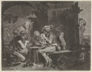 Jugadores de cartas y un hombre que orina