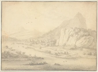 Paisaje montañoso del río con barcos