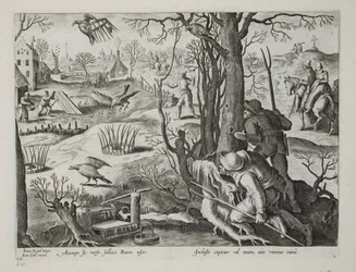Cazadores de aves usando trampas cebadas con ratas para capturar halcones, lámina 64, ilustración de 