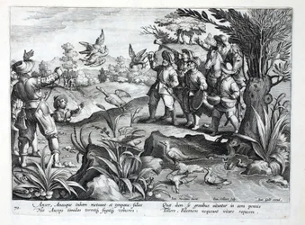 Cazadores usando halcones para cazar gansos, ilustración de 
