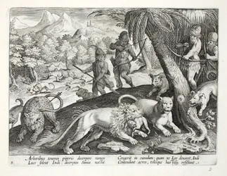 Indios disparan flechas a leones que han capturado monos en sus bocas, ilustración de 