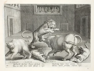 Nobles observan el combate de bestias salvajes en un circo interior, ilustración de 