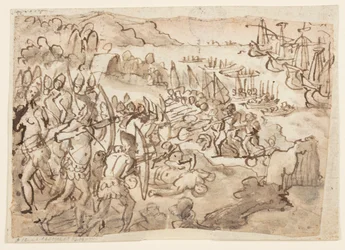 Conquista de las Islas Filipinas, diseño preliminar para pintura grisalla realizada por el hijo de Stradanus, Scipione, para las exequias en memoria de Felipe II de España, celebradas en San Lorenzo en Florencia el 12 de noviembre de 1598