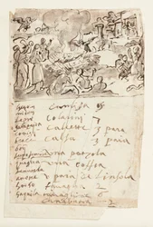 Muerte de la mujer de Sestos, de la Historia Natural de Plinio, Libro 10, cap. 6; abajo: inscripción que enumera animales presentados en una serie de imágenes de caza, y lista de prendas de vestir