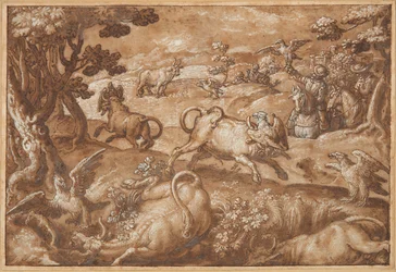 Hombres cazando toros con águilas