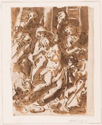Página de un cuaderno de bocetos; María sosteniendo el cuerpo de Cristo al pie de la cruz