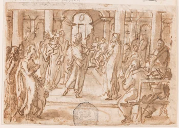Pedro y Juan cuestionados por el Consejo Superior, diseño preliminar para "Spiritus Scientiae" (El Espíritu de Ciencia), placa 5 en la serie de grabados "Los siete dones del Espíritu Santo"