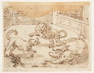 Recto: Alejandro Magno observando una pelea entre su perro, un elefante y un león; Verso: inscripción relacionada con la Historia Natural de Plinio el Viejo, Libro 8, cap. 61