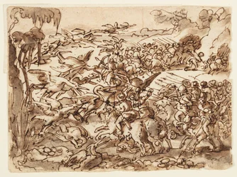 Recto: Batalla entre pigmeos y grullas; Verso: inscripción relacionada con la Historia Natural de Plinio el Viejo, Libro 7, cap. 2