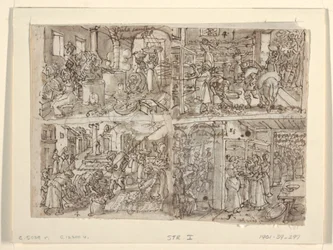 Recto: Cuatro diseños preliminares para la serie de grabados "Vermis Sericus" (Fabricación de seda). Arriba a la izquierda: enrollando seda. Abajo a la izquierda: preparando hojas de morera. Arriba a la derecha: arreglando las hojas en estantes. Abajo a la