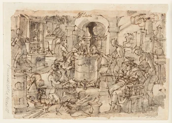 Recto: Invención de la destilación, diseño preliminar para "Destillatio," placa 7 en la serie de grabados Nova Reperta (Nuevos inventos de los tiempos modernos)