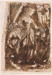 Recto: Judith con la cabeza de Holofernes; Verso, izquierda: Judith con la cabeza de Holofernes; Verso, derecha: diseño preliminar para la página de título de la serie de grabados de Las siete virtudes