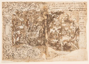 Recto: Diseño de tapiz con Juan el Bautista Predicando (o Cristo entre los espectadores); Verso: inscripción